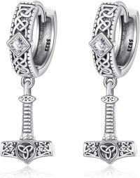 wholesale Sterling Silver Viking Valknut Hoop Earrings w Wolf Claw Kelt Knot Compass Thor Hammer Axe Unisex-Viking Thor Hammer Earrings-Silver