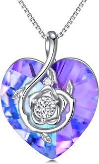 wholesale Sterling Silver Birthstone Heart Rose Pendant Necklace for Women-2-Feb-Amethyst