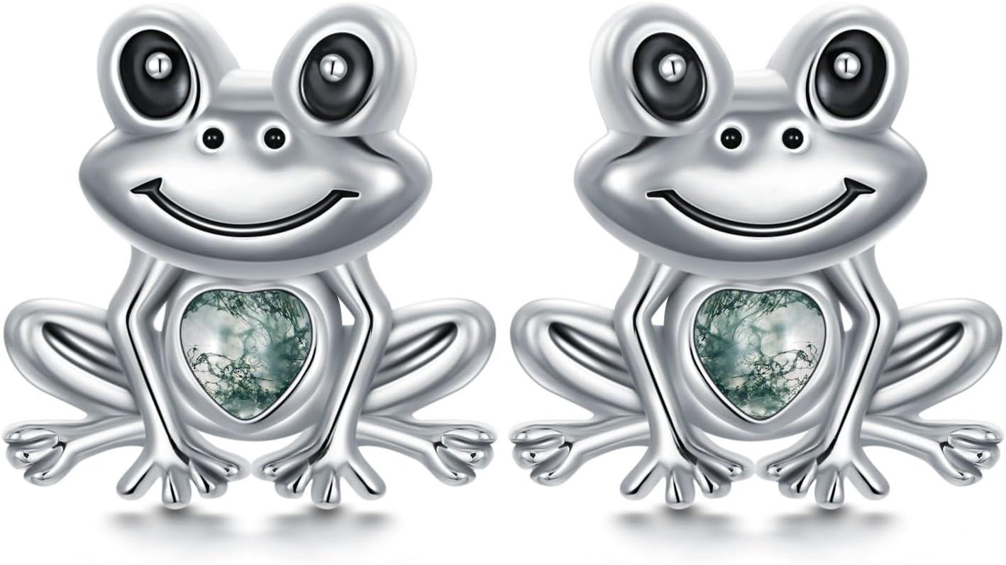 925 Sterling Silver Green Stone Frog Stud Earrings - Cute Animal  for Girls and Women-0-0
