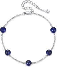 wholesale 925 Sterling Silver Chain with Lapis Lazuli Beads and Round Links Anklet 6 Adjustable Length-Lapis Lazuli
