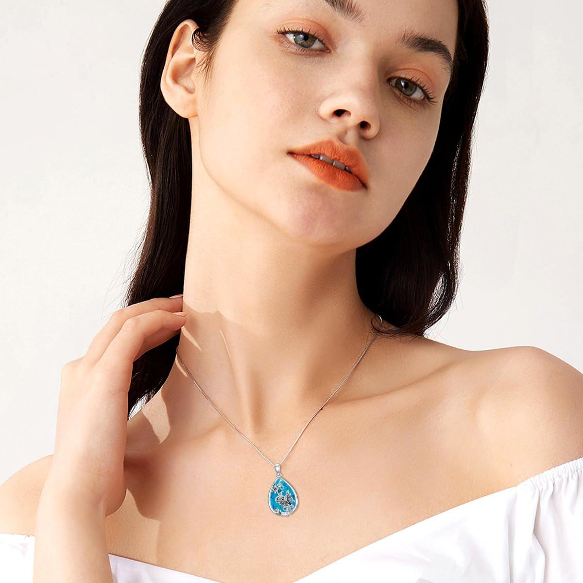 wholesale 925 Sterling Silver Teardrop Blue Stone Butterfly & Dragonfly Pendant Necklace for Women's Gifts-0-1