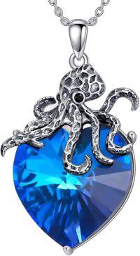 wholesale 925 Sterling Silver Heart-Shaped Blue Crystal Octopus Pendant Necklace Jewelry-Blue