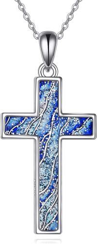 wholesale 925 Sterling Silver Blue Glitter Wave Patterned Cross Pendant Necklace for Women Men Christmas Gift-Cross Necklace-Aurora