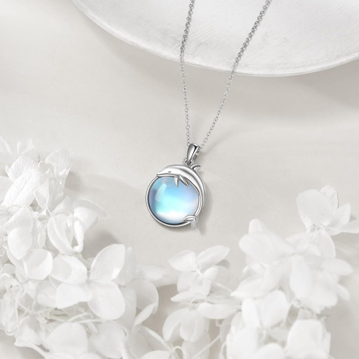 925 Sterling Silver Dolphin Blue Moonstone Pendant Necklace for Women's Gifts-0-3