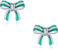 wholesale 925 Sterling Silver Bow Tie Stud Earrings with Green Enamel and Cubic Zirconia for Women Girls Gifts-Green Bow