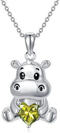 wholesale Sterling Silver Animal Birthstone Necklace Otter Axolotl Hippo Pendant Jewelry Gift for Women-08-Aug-Hippo
