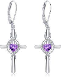 wholesale 925 Sterling Silver Birthstone Cross Dangle Earrings for Women-02-Feb-Created Amethyst