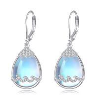 wholesale 925 Sterling Silver Teardrop Moonstone Wave Design Leverback Drop Earrings-Ocean Wave Earrings