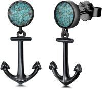wholesale 925 Sterling Silver Anchor Shape Turquoise & Abalone Shell Studs Earrings for Men Women-Anchor