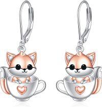 wholesale 925 Sterling Silver Fox Teacup Heart Drop Earrings Gift for Her-Fox Earrings