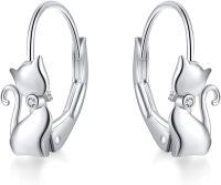 wholesale 925 Sterling Silver Tiny Kitty Leverback Hoop Earrings Gift for Cat Lovers-Cat Earrings-clear cz