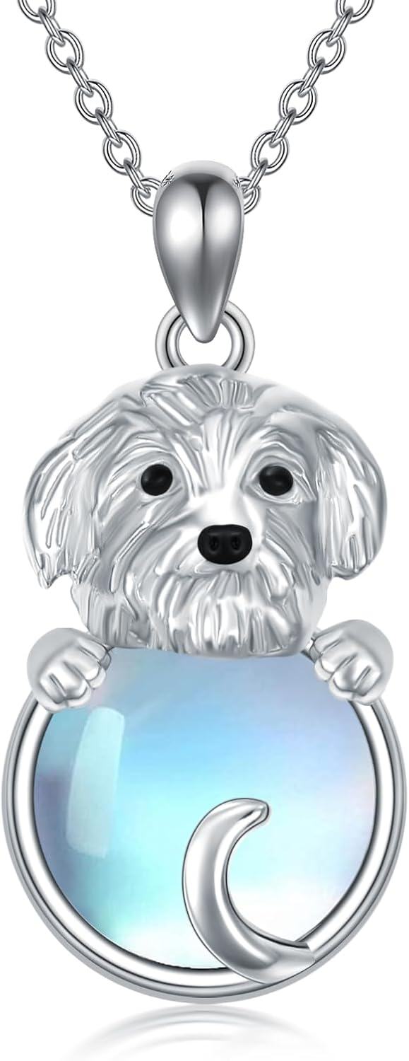 Sterling Silver Moonstone Dog Necklace for Women Memorial Jewelry Gift-Malta