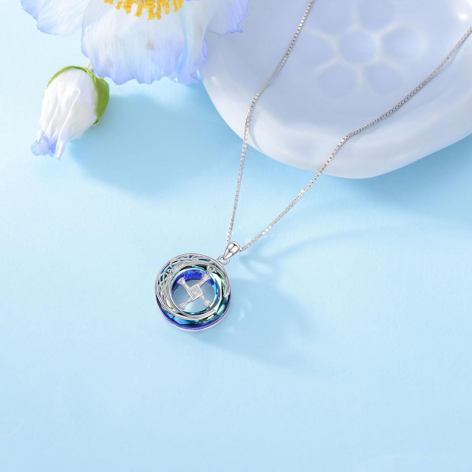 wholesale 925 Sterling Silver Celtic Knot & St Bridget's Cross Pendant Necklace with Blue Crystal Stone - Irish  for Her Him-0-2
