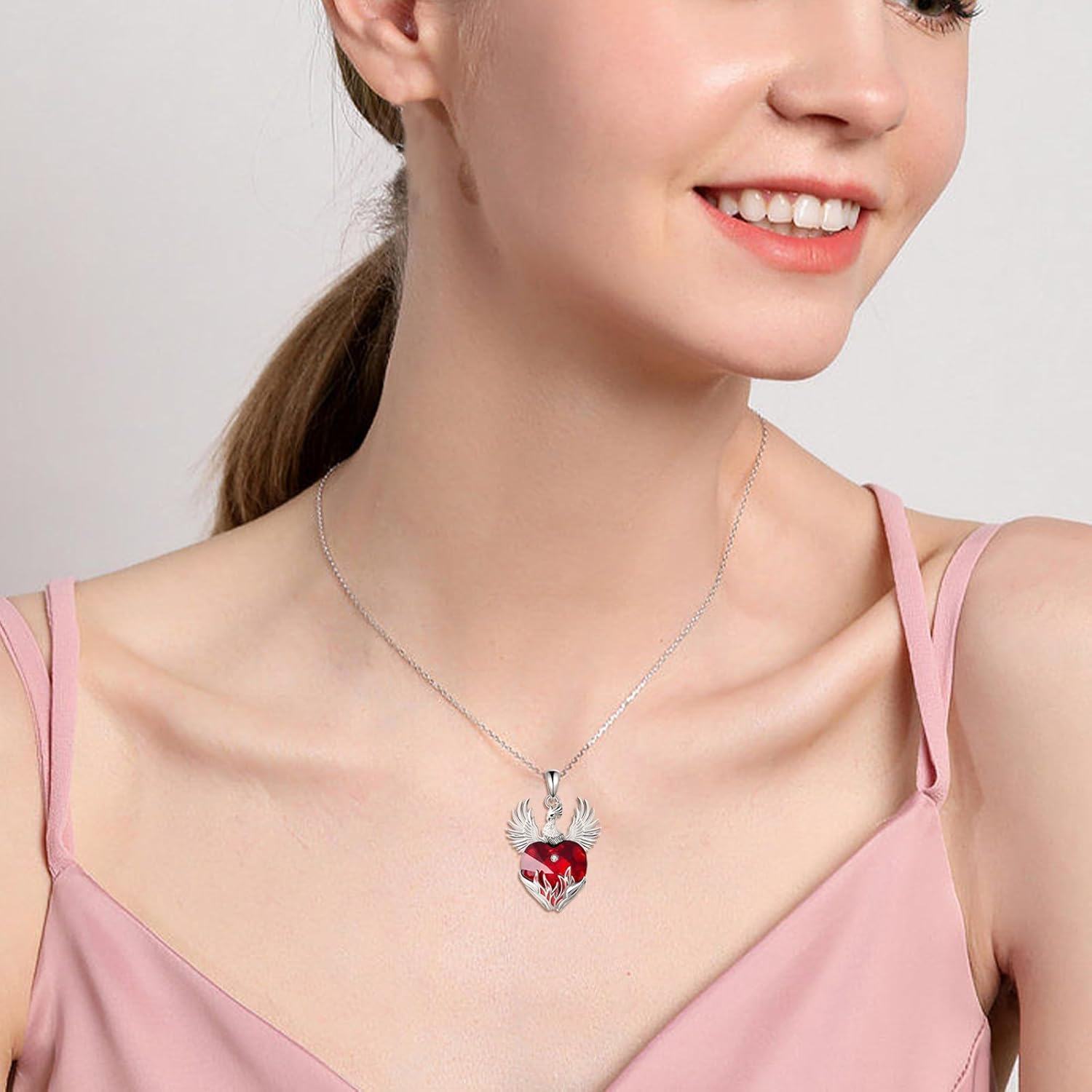 Sterling Silver Red Crystal Phoenix Pendant Necklace for Women-0-2