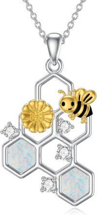 wholesale 925 Sterling Silver Opal Bee Honeycomb Flower Pendant Necklace for Women-Bee