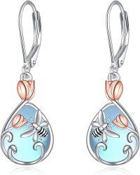 wholesale 925 Sterling Silver Butterfly & Flower Drop Earrings w/ Blue Stone Accents-02-Moonstone Bee Earrings