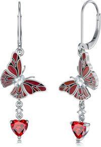 wholesale  Sterling Silver Garnet Emerald Butterfly Dangle Earrings w Heart Gems -style1