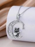 wholesale 925 Sterling Silver Moon & Cat Guitar Pendant Necklace for Women Girls Gifts-0-2