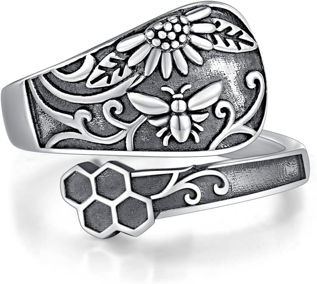 wholesale 925 Sterling Silver Turquoise Spoon Ring Adjustable Dragonfly Sunflower Bee Vintage Jewelry-0-1