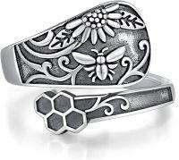 wholesale Sterling Silver Turquoise Spoon Ring Adjustable Dragonfly Sunflower Bee Vintage Jewelry-Bee & Honeybomb