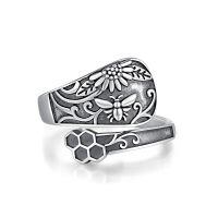 wholesale 925 Sterling Silver Turquoise Spoon Ring Adjustable Dragonfly Sunflower Bee Vintage Jewelry-Bee & Honeybomb