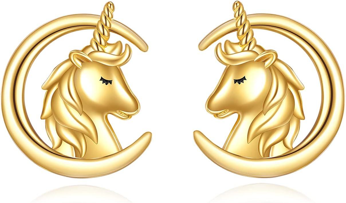 14K Gold Moon Stone Animal Earrings Solid Gold Studs for Women Real Jewelry Gifts-0-1