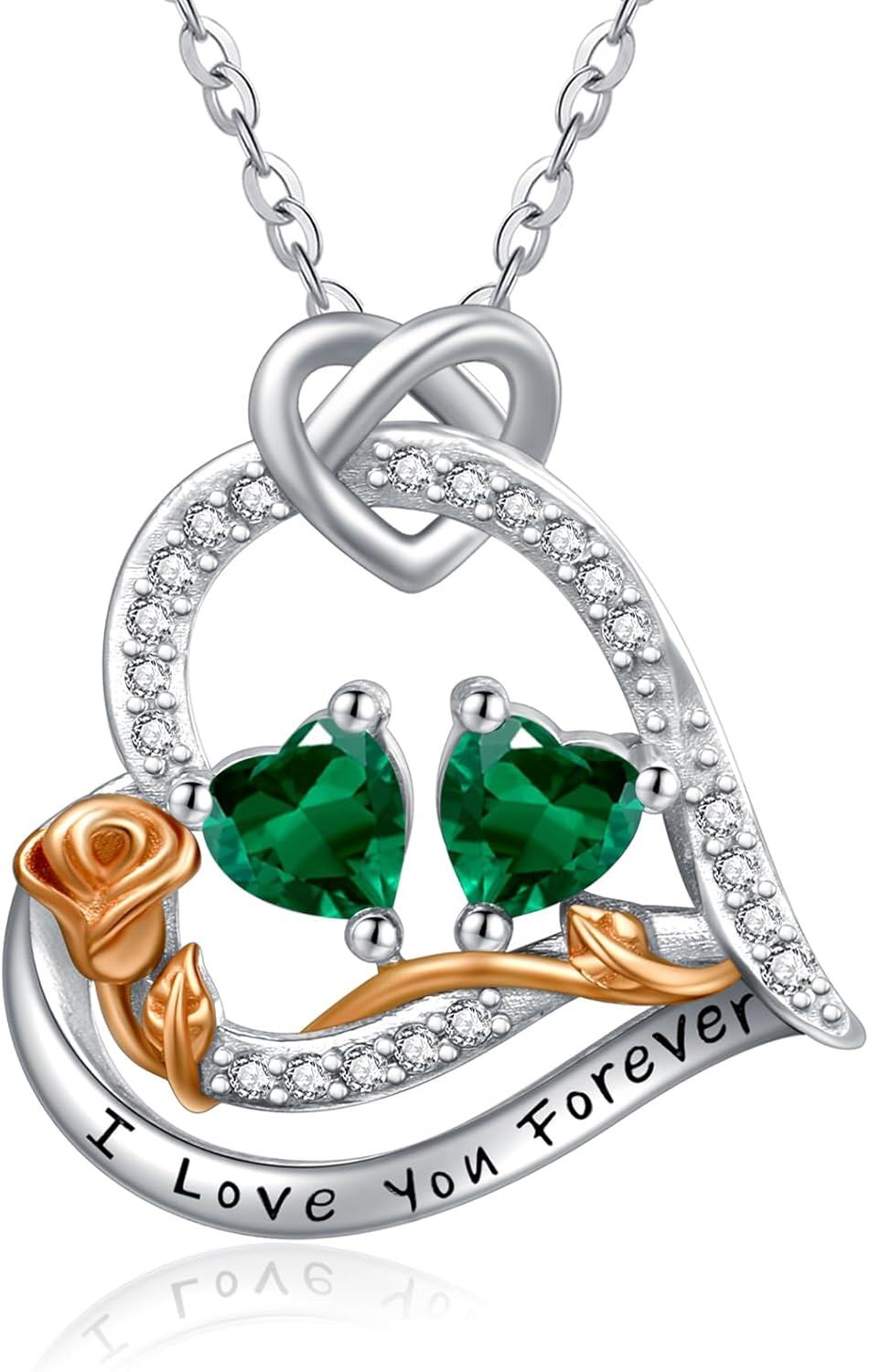  Sterling Silver 2 Birthstones Rose Heart Necklace for Women -05-05-May-May