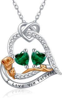 wholesale  Sterling Silver 2 Birthstones Rose Heart Necklace for Women -05-05-May-May