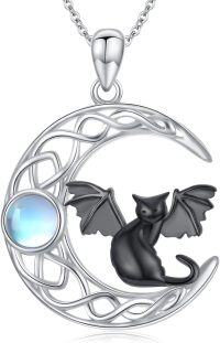 wholesale 925 Sterling Silver Moon Bat Pendant with Opal Stone and Celtic Knot Design Necklace-Cat-Black Wings