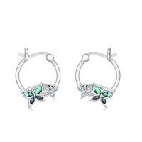 wholesale 925 Sterling Silver Green & Black Abalone Shell Butterfly Hoop Earrings 20mm Austrian Crystals-Abalone Butterfly