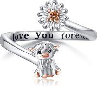 wholesale 925 Sterling Silver Highland Cow Adjustable Open Ring for Women Mom Grandma Mothers Day Gifts Daisy Ocean Jewelry Love You Forever-Highland Cow