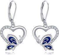 wholesale 925 Sterling Silver Heart-Shaped Blue Enamel Butterfly Drop Earrings for Women-blue leverback