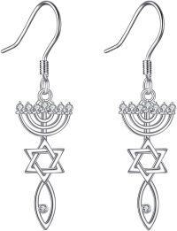 wholesale 925 Sterling Silver Star of David & Menorah Dangle Earrings - Messianic Jewish Gift for Her-Menorah 2