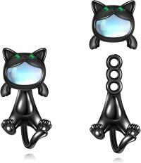wholesale 925 Sterling Silver Black Cat Moonstone Stud Earrings with Green Eyes and Iridescent Stone for Women-Black Cat Stud Earrings