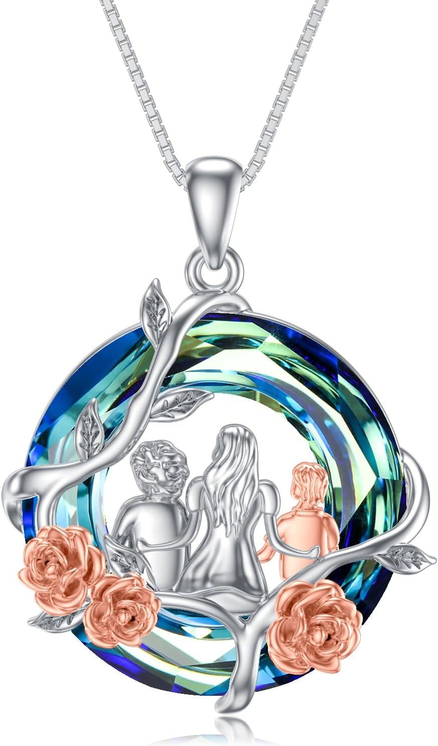 Sterling Silver Blue Crystal Mother and Children Rose Flower Necklace Gift for Mom-A-Mother Grandma Son