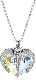 wholesale Sterling Silver Austrian Crystal RN NP LPN Caduceus Pendant Necklace w Angel Heart Charm Nurse Graduation Gift-0-7