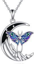 wholesale 925 Sterling Silver Crescent Moon Butterfly Pendant Necklace with Green and Blue Enamel Accents-0-0