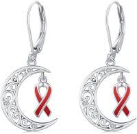 wholesale  Sterling Silver Cancer Awareness Ribbon Moon Dangle Leverback Earrings for Women Survivor Jewelry -Red