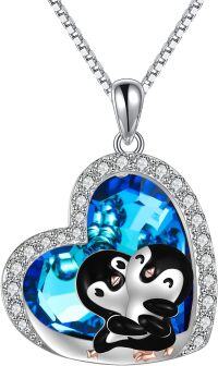 wholesale 925 Sterling Silver Blue Crystal Heart Penguin Pendant Necklace Gift for Women-Penguin Necklace with Blue Heart Crystal