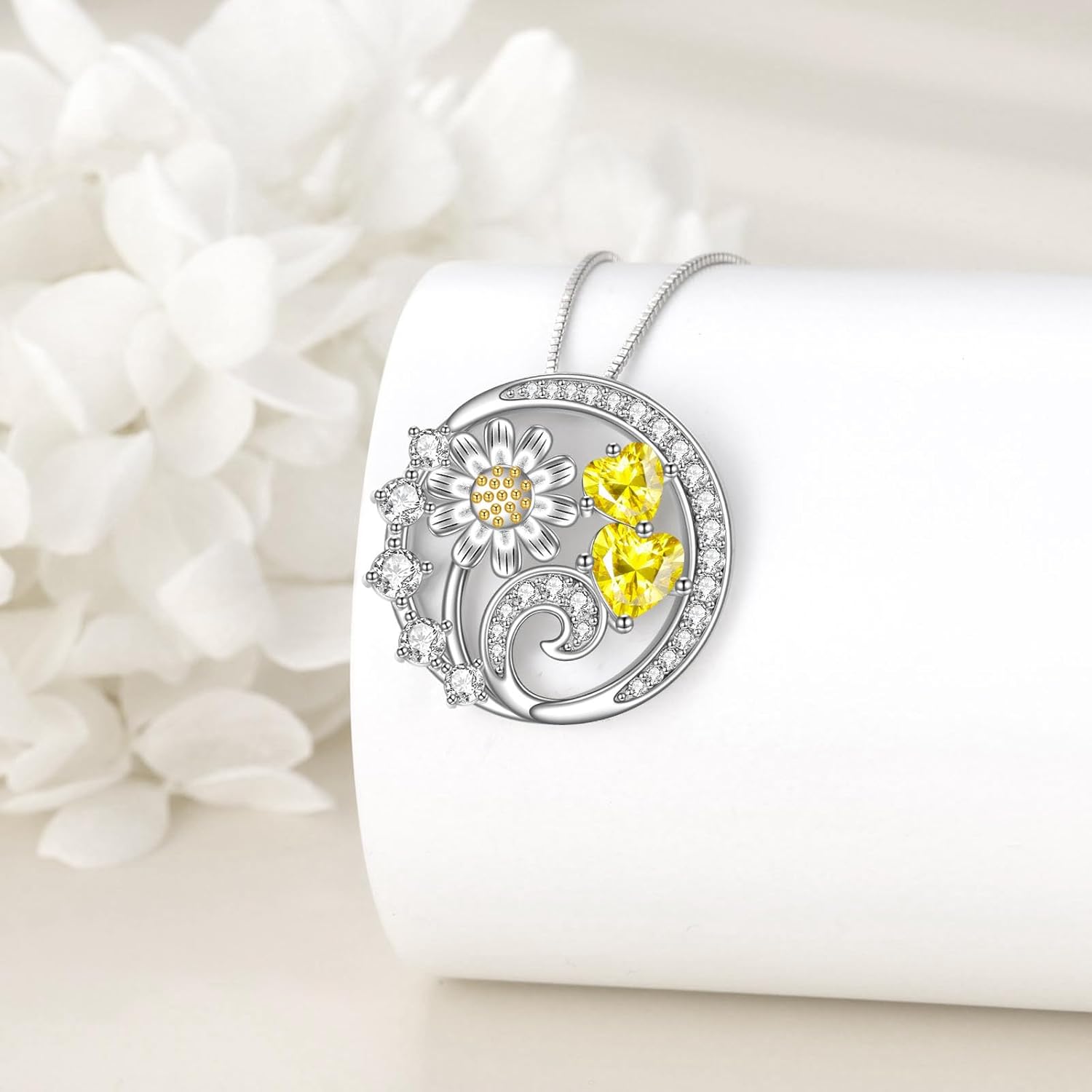wholesale 925 Sterling Silver CZ Daisy & Yellow Heart Pendant Necklace for Women-0-3