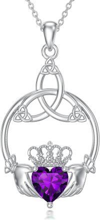 wholesale 925 Sterling Silver Celtic Claddagh Necklace with Heart Birthstones-02-February