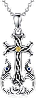 wholesale 925 Sterling Silver Cross with Peacocks and Gold Flower Pendant Necklace for Women Girls Mothers Day Gift-0-0