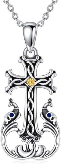 wholesale 925 Sterling Silver Cross with Peacocks and Gold Flower Pendant Necklace for Women Girls Mothers Day Gift-Peacock Necklace
