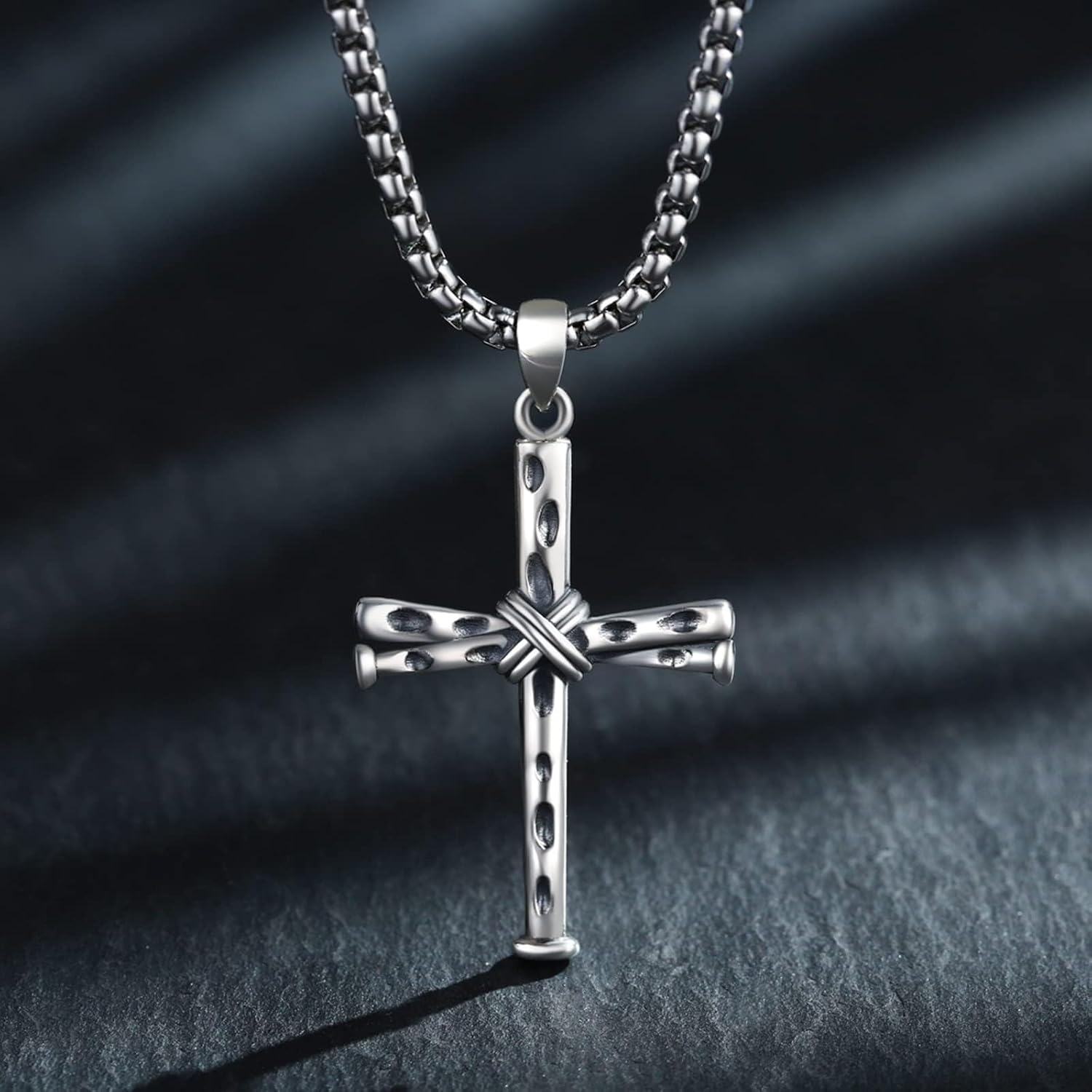 Sterling Silver Stainless Steel Men s Baseball Nail Cross Pendant Necklace 24 -0-1