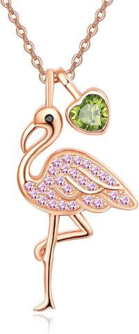 wholesale 925 Sterling Silver 12 Month Birthstone Flamingo Pendant Necklace 18 +2 Chain-08-Aug-Lab Created Peridot