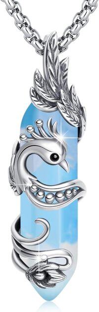 wholesale 925 Sterling Silver Blue Stone Peacock Feather Gothic Pendant Necklace for Women Men Gifts-Opal Phoenix