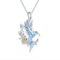 wholesale 925 Sterling Silver White Gold Plated Blue Enamel Hummingbird Flower Pendant Necklace-Hummingbird