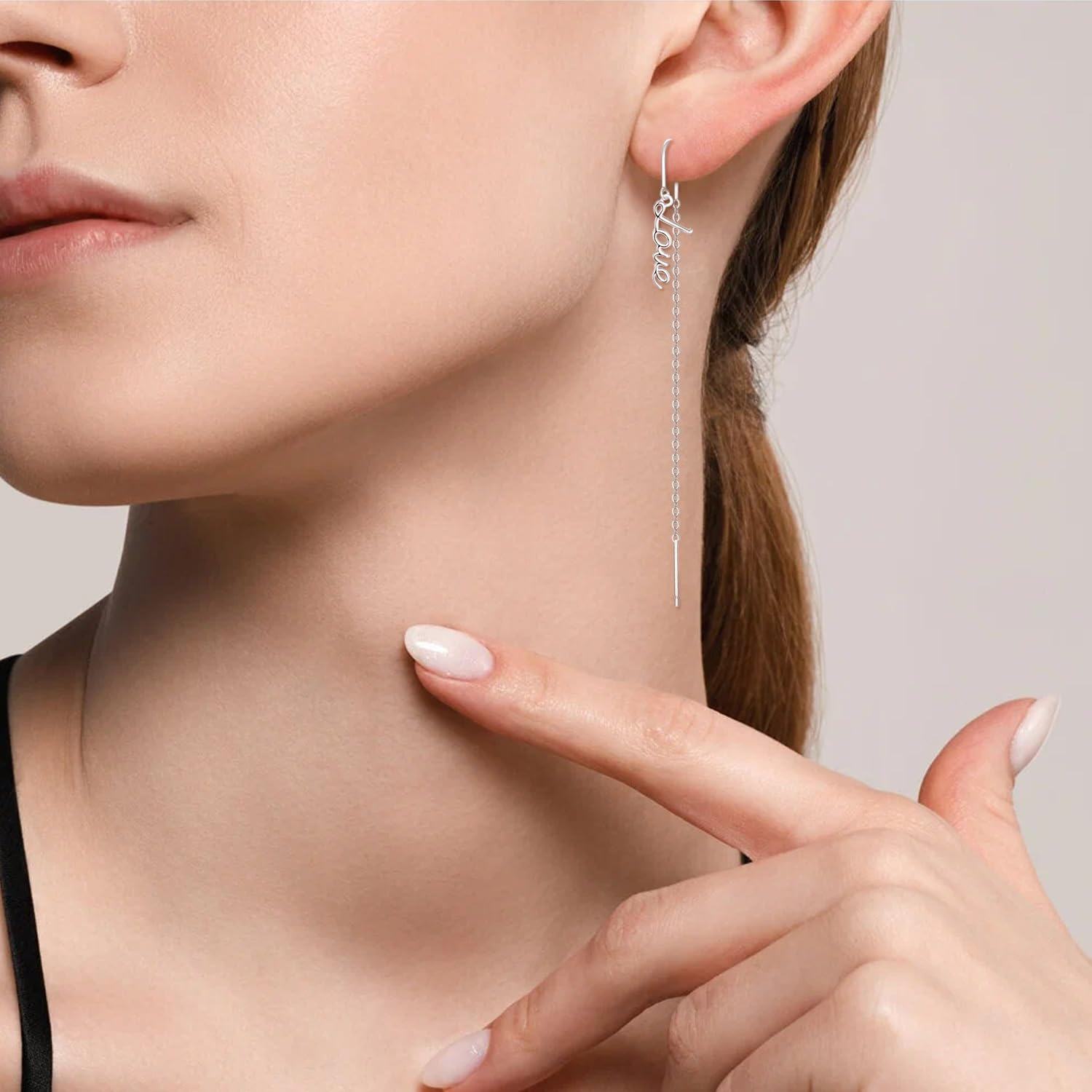 925 Sterling Silver Threader Earrings with Love Charm and Chain Drops for Women Girls-0-4