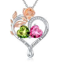 wholesale 925 Sterling Silver Rose Quartz Heart Birthstone Necklace for Women Valentine s Day Gift-08-10-Aug-Oct Birthstones