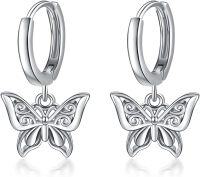wholesale 925 Sterling Silver Butterfly Huggie Hoop Earrings with Filigree Design - 14mm Diameter-Butterfly Hoop Earrings